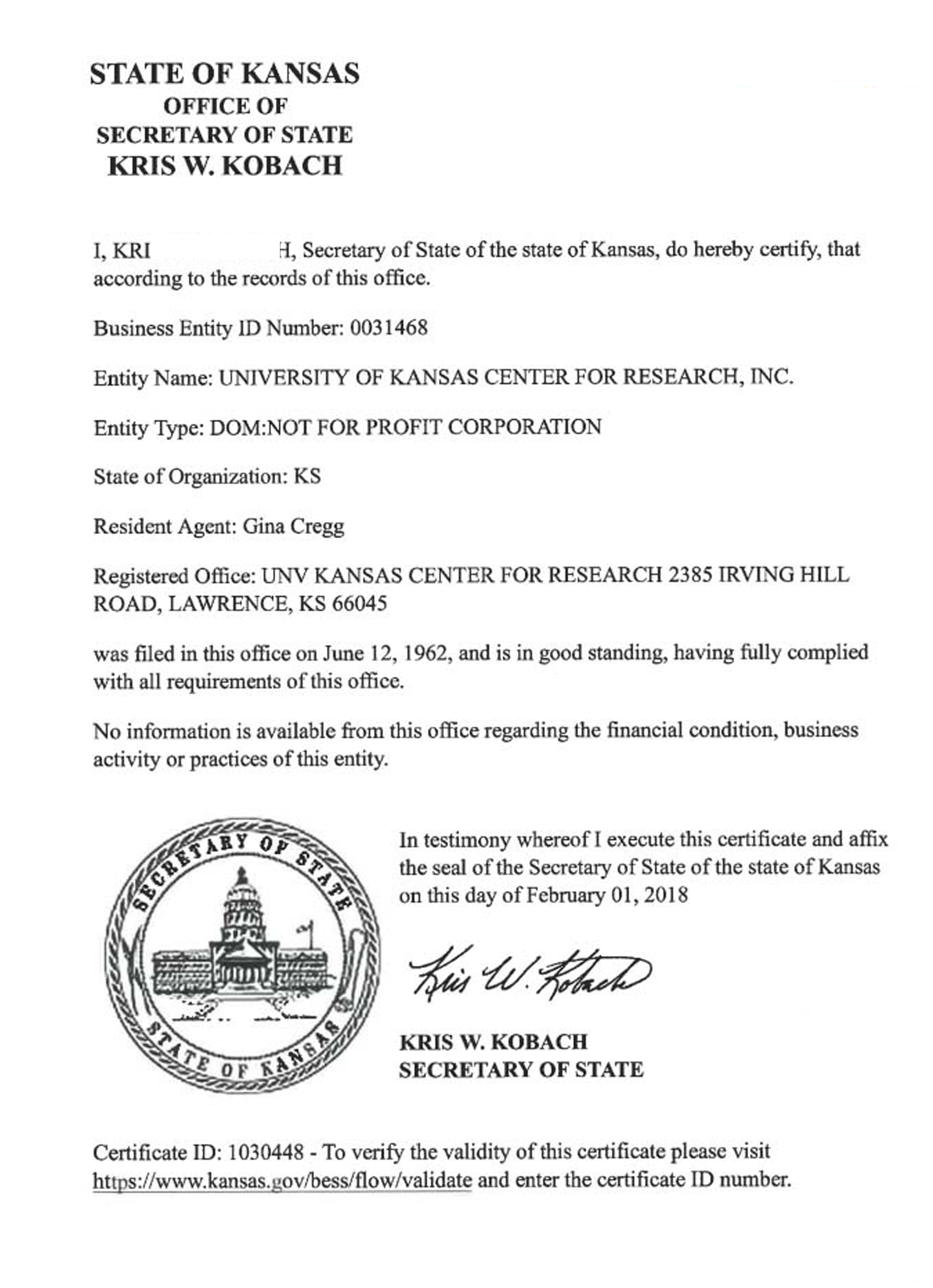 USA Kansas certificate of good standing